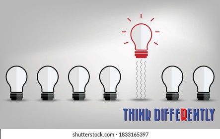 Group of paper light bulb.Paper  it  direction and one jump out from the crowd different way on background.Unique,out standing.Vector concept inspiration and think different concept.
