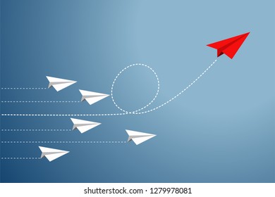 Group of Paper plane are competition to destination and one red paper plane pointing in different way go to success goal