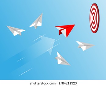 Grupo de plano de papel en una dirección y con un individuo apuntando de forma diferente. Concepto de negocio para nuevas ideas, creatividad y solución innovadora.