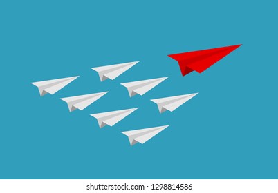 Group of paper planes against the sky. Illustration of leadership and teamwork. Community management.