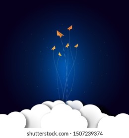 Group of paper planes flying on dark blue night sky background.Business start up and teamwork concept vector illustration.