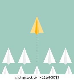 Group of paper planes flying. A yellow paper plane ahead of other paper planes. Concept of leadership, innovation, change, disruption, risk, competition, mission. Vector illustration, flat design