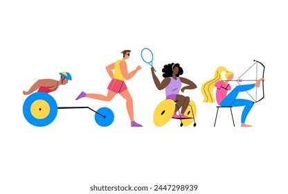 Group of para-athletes are preparing for competitions. People with disabilities engage in various sports: archery, tennis, running. Vector illustration.