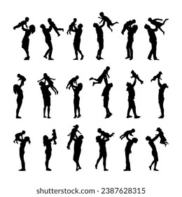 Group of parents playing and lifting up child silhouette set. Fathers and mothers have fun lifting their baby kids up in the air vector silhouette set collection.	