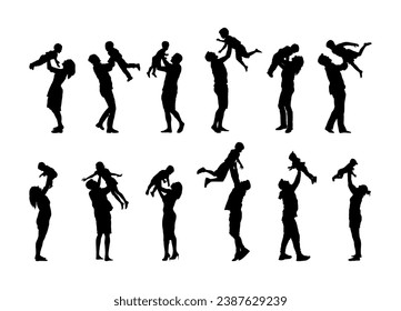 Group of parents playing and lifting up child silhouette set. Father and mother have fun lifting their baby kids up in the air vector silhouette set collection.	