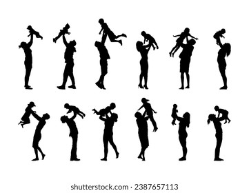 Group of parents playing and lifting up child silhouette set. Father and mother have fun lifting their baby kids up in the air silhouette set collection.	