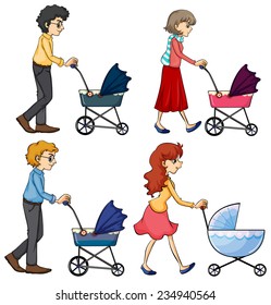 A group of parents with pushers on a white background 