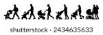 Group of parents walking pushing babies in strollers side view silhouette set.	
