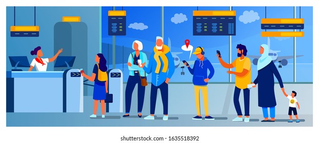 Group of passengers standing in queue to counter vector illustration. Departures board and airline transportation concept. Travelers waiting in line for plane