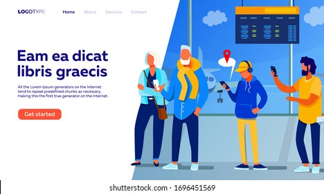 Group of passengers standing in queue counter, vector illustration. Airline departure boarding transportation concept. Travelers waiting in line for plane