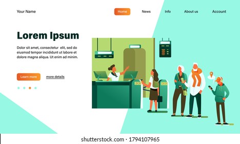 Group of passengers standing in queue to counter vector illustration. Departures board and airline transportation concept. Travelers waiting in line for plane