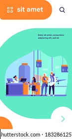 Group of passengers standing in queue to counter vector illustration. Departures board and airline transportation concept. Travelers waiting in line for plane