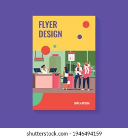 Grupo de pasajeros en cola para contrarrestar la ilustración vectorial. Concepto de transporte aéreo y de pizarra de salida. Viajeros esperando en fila por avión