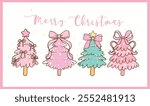 Group of Pastel Coquette Christmas Tree with Bow, Pink and Mint Green Doodle Hand Drawn