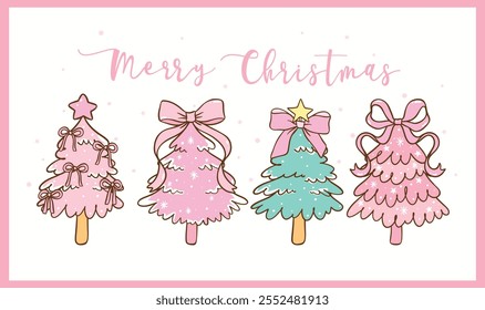 Grupo de pastel Coquette árbol de Navidad con arco, rosa y menta verde Doodle dibujado a mano