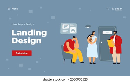 Group of patients waiting their turn at doctor office in clinic corridor. Moms with babies visiting therapist. Vector illustration for healthcare, medical service, visiting practitioner concept