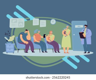 Group of patients waiting their turn at doctor office in clinic corridor. Moms with babies visiting therapist. Vector illustration for healthcare, medical service, visiting practitioner concept