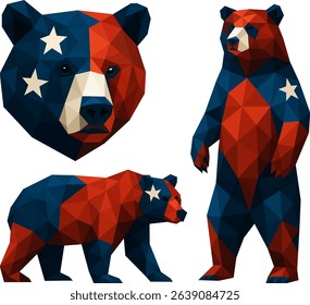 Group of patriotic bear head, upright bear, and walking bear in red-white-blue facets with stars; perfect for themed posters, merchandise, and social-media sets.