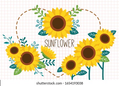 The group and pattern of sunflowers. Collection decorative floral design. Illustration about sunflower for banner, sticker label and greeting card, and wedding content.
