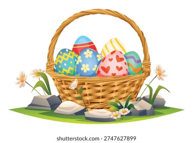 Group of patterned easter eggs in wooden basket on green grass with flowers and stones. Vector cartoon illustration