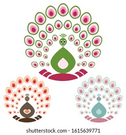 Group of Peacock Feather out open colorful tail. Beautiful Exotic tropical bird. Zoo animal collection. Cute cartoon character. Decoration element. Flat White background. Isolated. Vector illustration