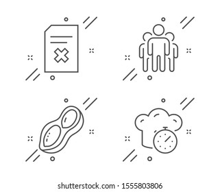 Group, Peanut and Delete file line icons set. Cooking timer sign. Managers, Vegetarian nut, Remove document. Stopwatch. Business set. Line group outline icon. Vector
