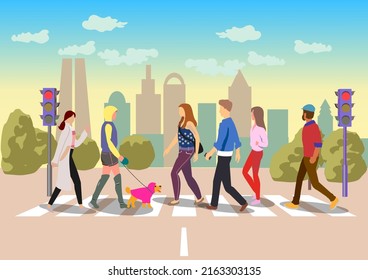 Group of pedestrians people crossing street on urban background with traffic lights and crosswalk. Flat vector illustration