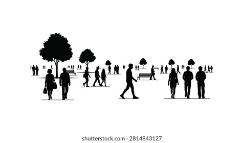 Group of pedestrians strolling through city parkland with benches and trees silhouettes showing leisure activity in urban area.