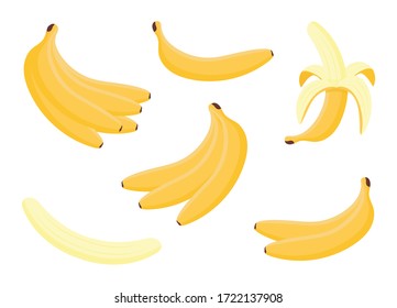 Group peeled and bunch of bananas isolated on white background. Tropical fruits, banana snack or vegan nutrition. Cartoon set vector illustration.