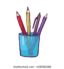 A group of pencils and pens in a cup. Element or icon for school or education.
