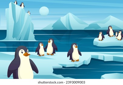 Group of penguin in antarctica scene . Vector .