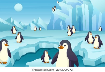 Grupo de pingüinos en la escena antártica. Vector.