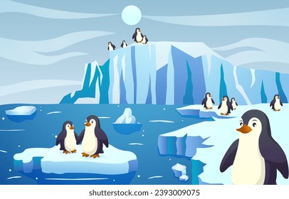 Group of penguin in antarctica scene . Vector .