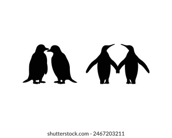 Grupo de Pingüino pareja Silueta aislado fondo blanco. Ilustración vectorial