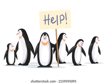 Group of penguin need help stand with sign calling for rescue nothern animal white background. Depressed emotional sea bird in danger due to melting glaciers in habitat. Extermination of wild animals