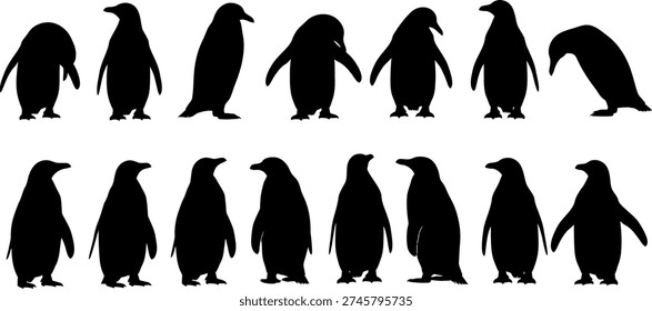 A group of penguin silhouettes standing in two rows on a white background