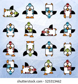 A group of penguins in colorful hats and scarves. Textures blue ice. Ice rink. Vector illustration background.