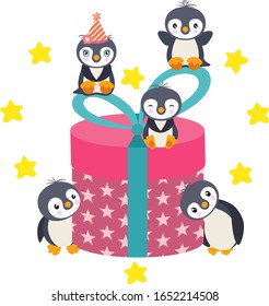 Group of penguins friends with big round gift
