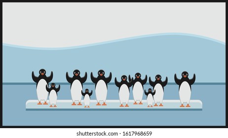 Group of penguins at global warming, vector