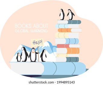 Group of penguins on ice floe need help, suffer, change climate at North Pole. Stack of books with information about global warming. Antarctic landscapes iceberg snow mountains hills winter nature