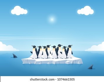 Group of the penguins on a piece of iceberg among killer whales in the ocean. Whales swim in the ocean. Summer background concept. Vector illustration.