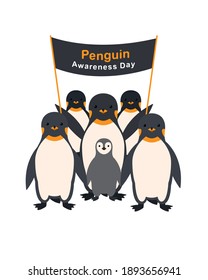 Group of penguins with a poster Penguin Awareness Day