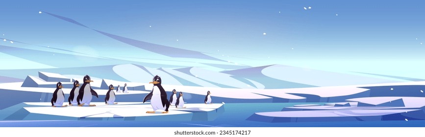 Group of penguins standing on ice landscape. Vector cartoon illustration of cute birds floating on large floe against background with piles of snow and cold ocean water. South Hemisphere wildlife