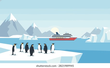 Group of penguins standing on an ice floe watching a modern cruise ship travel through icebergs in Antarctica.
