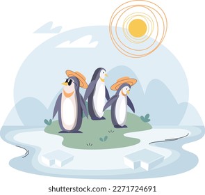 Group of penguins suffering standing on small green hill surrounded by melting ice in Antarctic cold landscape with iceberg and bright sun. Melting glaciers due to global warming, climate change