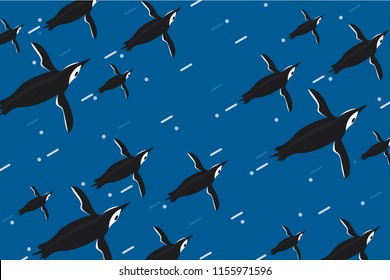 The group of penguins are swiming in the blue ocean background, vector. 