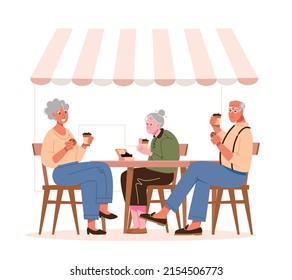 A group of pensioners drink coffee in a cafe. Friendship and relationships in old age. Vector illustration.