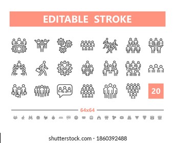 Group Of People 20 Line Icons. Vector Illustration In Line Style. Editable Stroke, 64x64, 256x256, Pixel Perfect.