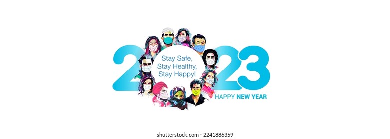 Group of people with 2023 number and wear face mask. Happy new year 2023. Well wishing greeting card.