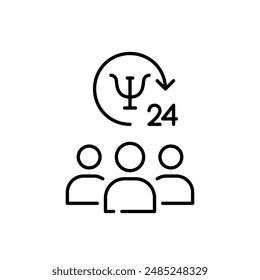 Group of people and 24 hour mental health support. Therapy sessions, community wellbeing. Pixel perfect vector icon